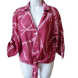 TG.U Linen Pink Abstract Print Button Front Tie Waist Crop Shirt Made in Italy L